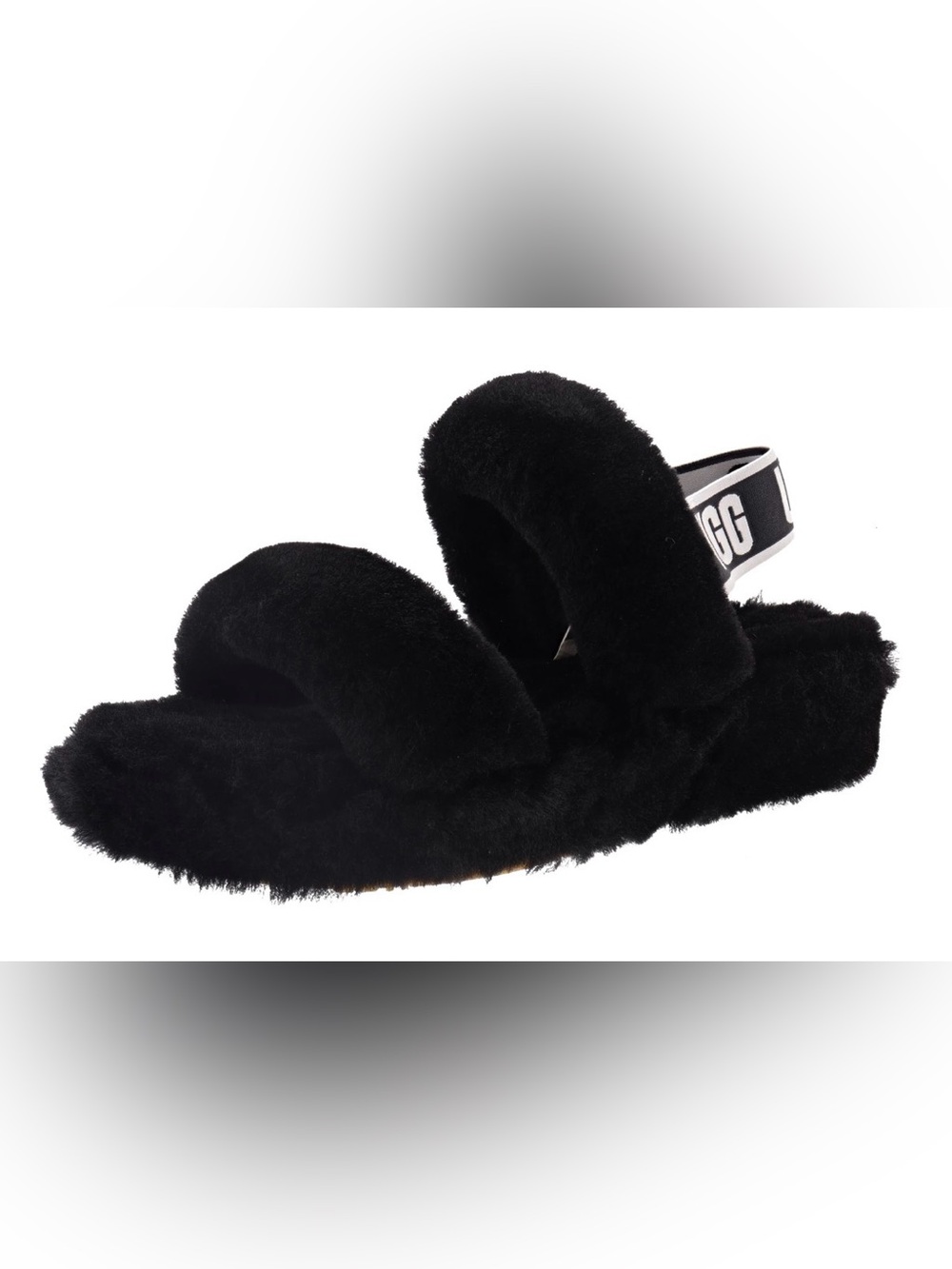 UGG Oh Yeah Black Fuzzy Double-Band Slide with Logo Heel Strap